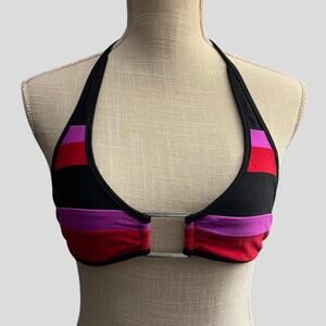 Y2K Style Striped Metal Hardware Halter Neck Strappy Bikini Top 8